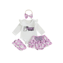 (3-6 Months, Purple) Halloween-Outfit für Babys: Kürbis-/Geister-Strampler, Rüschenshorts, Strümpfe und Haarband (4-teiliges Set)
