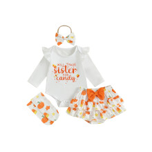 (0-3 Months, Orange) Halloween-Outfit für Babys: Kürbis-/Geister-Strampler, Rüschenshorts, Strümpfe und Haarband (4-teiliges Set)