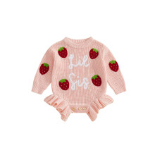 (12-18 Months, Pink) Mono de punto de manga larga con volantes y bordado de fresas y letras para bebé niña.