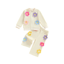 (6-12 Months, Beige) Herbstoutfit für Kleinkinder: 3D-Blumenjacke mit Reißverschluss + lange Hose (2-teilig)