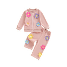 (2-3 Years, Pink) Herbstoutfit für Kleinkinder: 3D-Blumenjacke mit Reißverschluss + lange Hose (2-teilig)