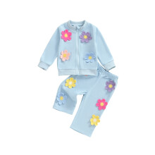 (6-12 Months, Blue) Herbstoutfit für Kleinkinder: 3D-Blumenjacke mit Reißverschluss + lange Hose (2-teilig)