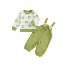 (6-12 Months, Green) Herbstoutfit für Kleinkinder: Blumenpullover mit langen Ärmeln + flauschige Latzhose (2-teilig)