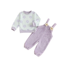 (18-24 Months, Purple) Herbstoutfit für Kleinkinder: Blumenpullover mit langen Ärmeln + flauschige Latzhose (2-teilig)