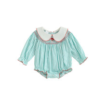 (0-3 Months, Green) Mono navideño bebé niña con estampado cuadros, bordado Papá Noel, manga larga, cuello muñeca y burbuja.