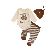 (6-12 Months, Khaki) Conjunto 3 piezas bebé: mono largo manga con cuello redondo, pantalones rayas y gorro.