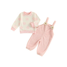 (12-18 Months, Pink) Herbstoutfit für Kleinkinder: Blumenpullover mit langen Ärmeln + flauschige Latzhose (2-teilig)