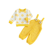 (18-24 Months, Yellow) Herbstoutfit für Kleinkinder: Blumenpullover mit langen Ärmeln + flauschige Latzhose (2-teilig)