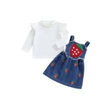 (18-24 Months, White) 2-teiliges Herbstoutfit für Kleinkinder: Langarmshirt + Jeans-Latzhose, Babykleidung