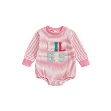 (6-12 Months, Pink) Pelele para bebé niña, manga larga, cuello redondo, bordado de letras y rayas, body para uso diario informal.