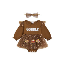 (12-18 Months, Khaki) Conjunto de 2 piezas para bebé niña: pelele de Acción de Gracias con pavo bordado, vestido y diadema con lazo.