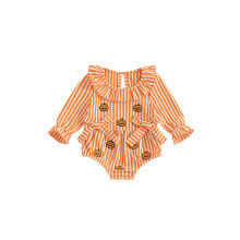(3-6 Months, Orange) Mono de Halloween para niña con lazos a rayas bordados de calabaza, mono de manga larga para otoño