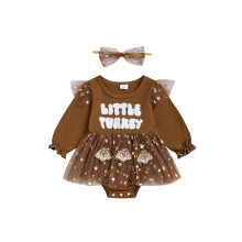 (6-12 Months, Brown) Conjunto de 2 piezas para bebé niña: pelele de Acción de Gracias con pavo bordado, vestido y diadema con lazo.