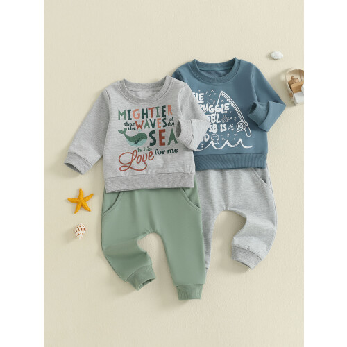 (12-18 Months, Green) Σετ ρούχων νήπια, 2 τεμάχια, πουλόβερ με γράμματα και παντελόνι 2