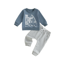 (12-18 Months, Sky Blue) Peuterkleding set: trui met lange mouwen en letterprint en bijpassende effen broek (2-delige outfit)