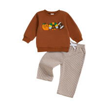 (6-7 Years, Dark Khaki) Fiúk Hálaadás Ruhák Hosszú Ujjú O Nyakú Pulyka Hímzés Felsőrészek Kockás Nadrágok