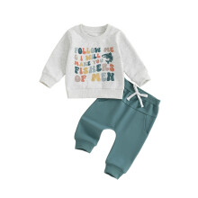 (6-12 Months, Blue) Peuterkleding set: trui met lange mouwen en letterprint en bijpassende effen broek (2-delige outfit)