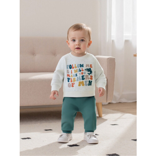 (6-12 Months, Blue) Σετ ρούχων νήπια, 2 τεμάχια, πουλόβερ με γράμματα και παντελόνι 2