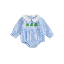 (12-18 Months, Blue) Mono navideño a cuadros para bebé niña, manga larga, cuello de muñeca, bordado de árbol de Navidad.