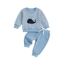 (2-3 Years, Blue) Conjunto de otoño para bebé niño: jersey a rayas con ballena y pantalones lisos (2 piezas).