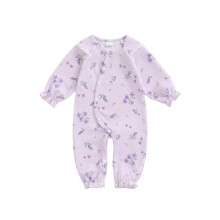 (9-12 Months, Purple) Overal pro miminka, dlouhý rukáv, kulatý výstřih, květinový potisk, zapínání na knoflíky