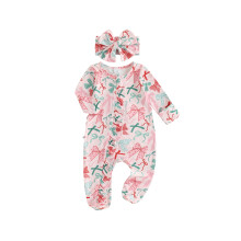 (0-3 Months, Pink) Mono corto de otoño para recién nacidas con estampado de lazo, manga larga, cuello redondo y volantes, con diadema.