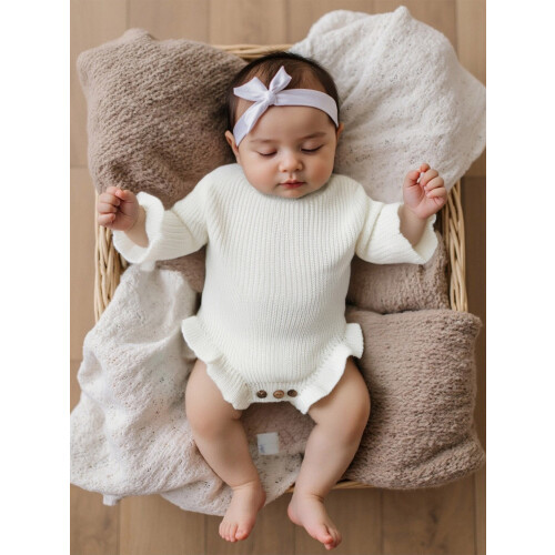 (6-9 Months, White) Φθινοπωρινό μονόχρωμο πλεκτό ολόσωμη φόρμα 2