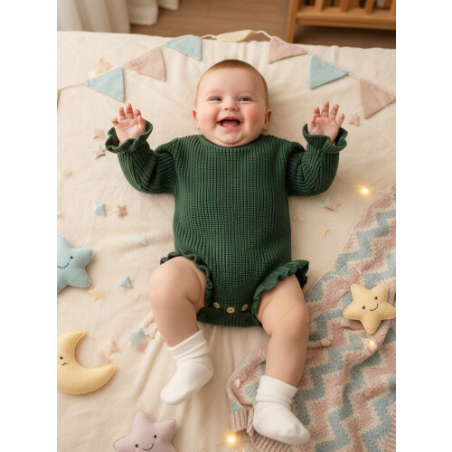 (6-9M, army green) Φθινοπωρινό μονόχρωμο πλεκτό ολόσωμη φόρμα 2