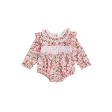 (6-9 Months, Floral Pink) Mono de otoño para bebé niña con estampado a cuadros, bordado de lazo, manga larga y cuello redondo con volantes.