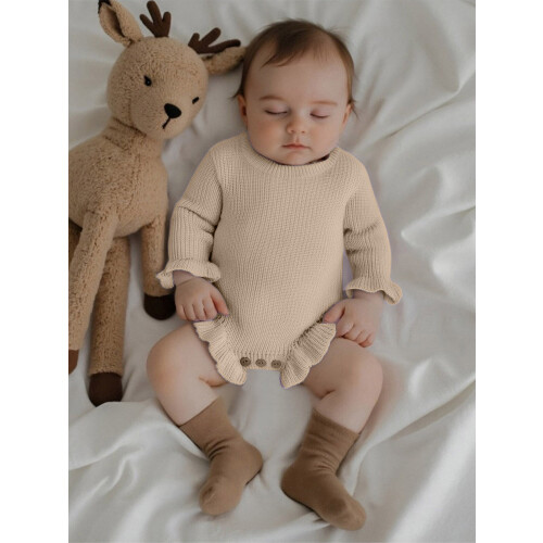 (9-12 Months, Beige) Φθινοπωρινό μονόχρωμο πλεκτό ολόσωμη φόρμα 2