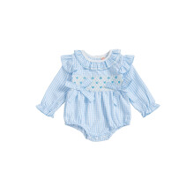 (3-6 Months, Blue) Mono de otoño para bebé niña con estampado a cuadros, bordado de lazo, manga larga y cuello redondo con volantes.