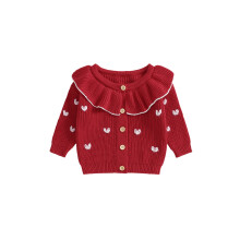 (18-24 Months, Red) Pasgeboren babyvestje/trui voor meisjes met hartjesborduursel, lange mouwen en knoopsluiting.