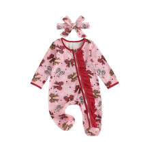 (3-6 Months, Pink) Mono navideño para niña con pies, manga larga, cuello redondo, estampado de lazo, cremallera oblicua, con diadema