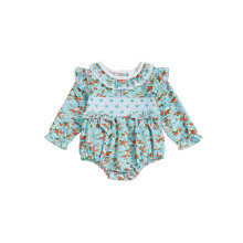 (9-12 Months, Floral Blue) Mono de otoño para bebé niña con estampado a cuadros, bordado de lazo, manga larga y cuello redondo con volantes.
