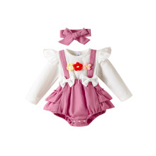 (9-12 Months, Pink) Conjunto de otoño para bebé niña, 2 piezas con flores 3D, pelele de manga larga y diadema con lazo.