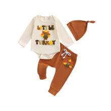 (3-6 Months, Khaki) Conjunto de 3 piezas de Acción de Gracias para bebé, mono de pavo, pantalones y gorro.