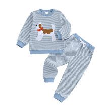 (5-6 Years, Blue) Winteroutfit voor peuters en kinderen: gestreepte trui met hondenborduurwerk, lange mouwen en broek (2-delige set)