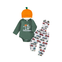 (6-9 Months, Green) Conjunto de ropa para bebé niño, mono de Halloween con letras, pantalones y gorro, 3 piezas.