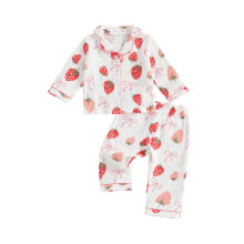 (6-12 Months, White) Mädchen Herbst-Pyjama-Sets Langarmhemd mit Reverskragen, Knopfleiste und Schleifen-/Erdbeermuster, Hose, Schlafanzug