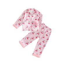 (3-4 Years, Pink) Weihnachtspyjama-Set für Mädchen, langärmelig, Kirschmuster, Pelzmanschetten, Oberteil und Hose, Nachtwäsche