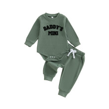 (6-12 Months, Green) Conjunto de otoño para bebé: pelele de manga larga con bordado y pantalón elástico (2 piezas).