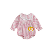 (3-6 Months, Pink) Pelele bebé niña, manga larga, cuello muñeca, body cuadros con bordado calabaza, disfraz Halloween recién nacida