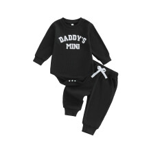 (3-6 Months, Black) Conjunto de otoño para bebé: pelele de manga larga con bordado y pantalón elástico (2 piezas).