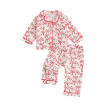 (5-6 Years, Red) Mädchen Herbst-Pyjama-Sets Langarmhemd mit Reverskragen, Knopfleiste und Schleifen-/Erdbeermuster, Hose, Schlafanzug