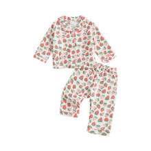 (5-6 Years, Pink) Mädchen Herbst-Pyjama-Sets Langarmhemd mit Reverskragen, Knopfleiste und Schleifen-/Erdbeermuster, Hose, Schlafanzug
