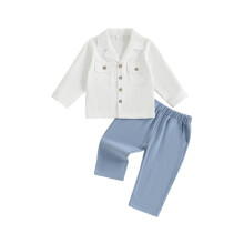 (3-4 Years, White) Peuterjongenskleding set: modieus effen shirt met lange mouwen en bijpassende broek, 2-delige outfit