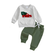 (0-6 Months, Green) Conjunto de ropa para bebés y niños, jersey de manga larga con bordado de árbol de Navidad y pantalones, 2 piezas.