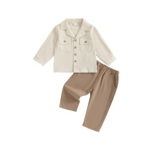 (6-7 Years, Apricot) Peuterjongenskleding set: modieus effen shirt met lange mouwen en bijpassende broek, 2-delige outfit