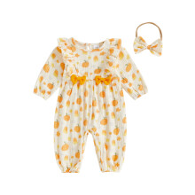 (6-12 Months, Orange) Mono de bebé niña con volantes, calabazas, manga larga y diadema, ideal para el día a día y vacaciones.