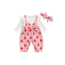 (3-6 Months, Pink) Mono de burbujas para niñas pequeñas, moderno, con estampado de fresas, manga larga, volantes y diadema